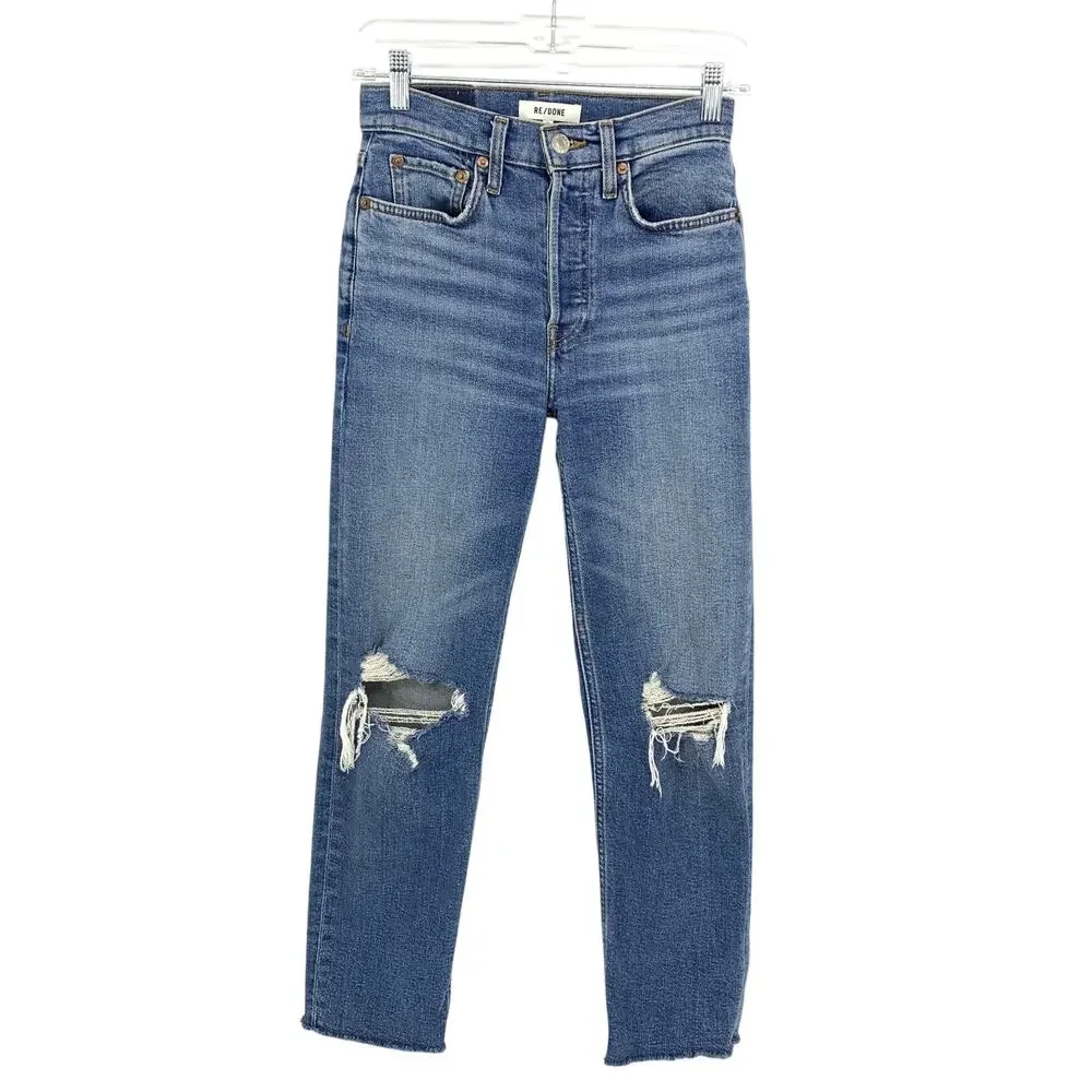 Re/Done 70's Stove Pipe High Rise Straight Jean Womens 24 Medium Wash Distressed
